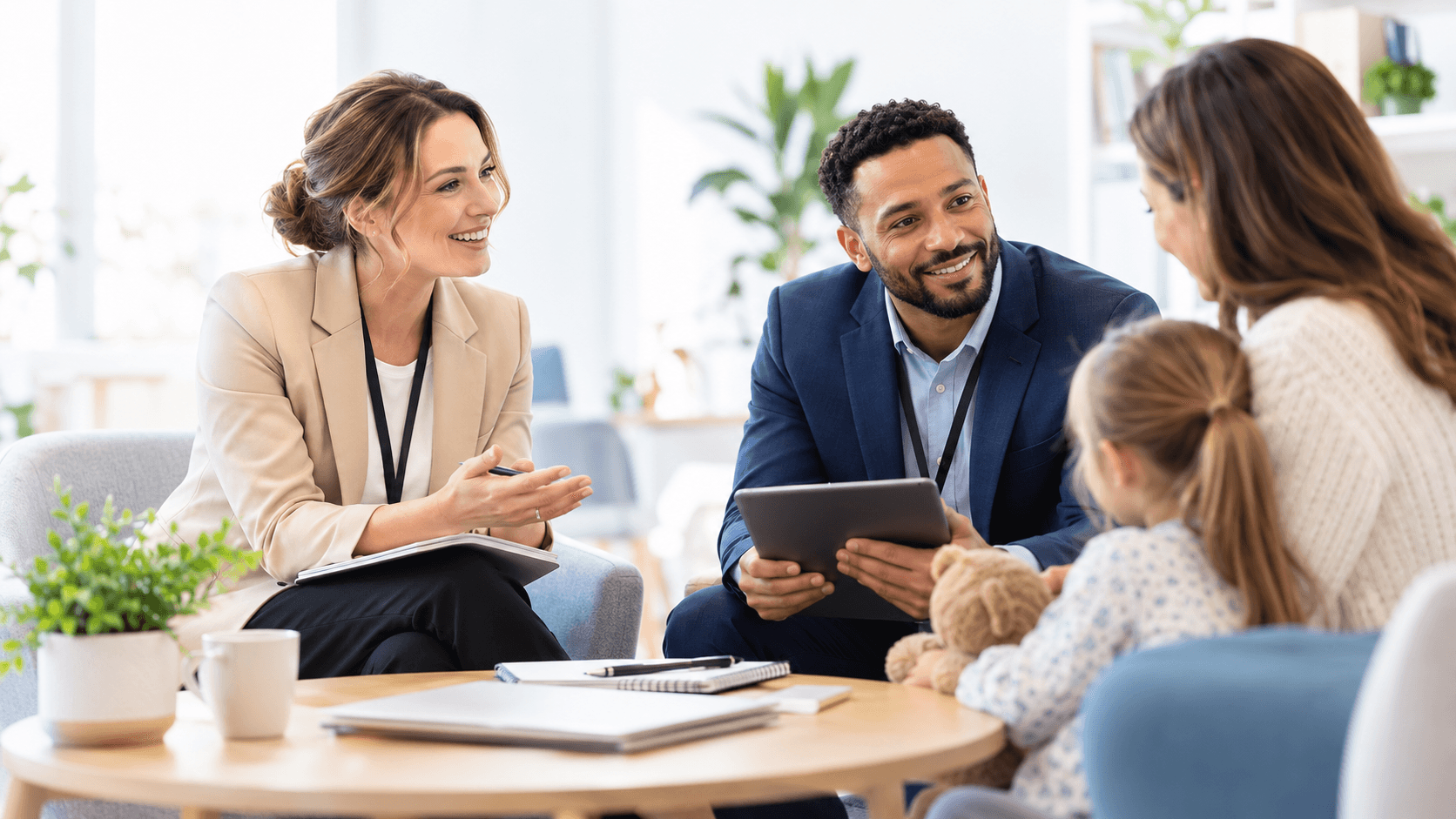 Illustrative documentary-style care setting with people in a natural operational conversation.