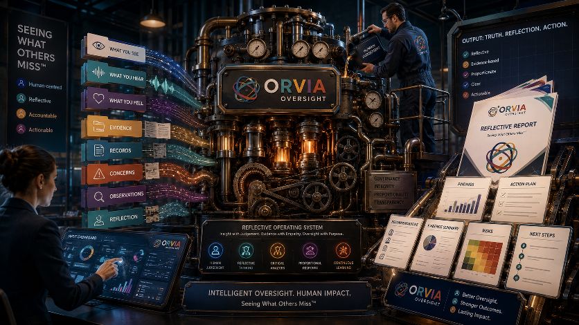 ORVIA Reflective Operating System — a diagram showing how the five ORVIA disciplines (Observation, Reflection, Visibility, Insight, Accountability) form a continuous reflective loop, with a human decision-maker at the centre. Evidence enters at Observation, is examined at Reflection, made visible to those who need it at Visibility, translated into professional judgement at Insight, and closed with a named human accountable for outcomes.
