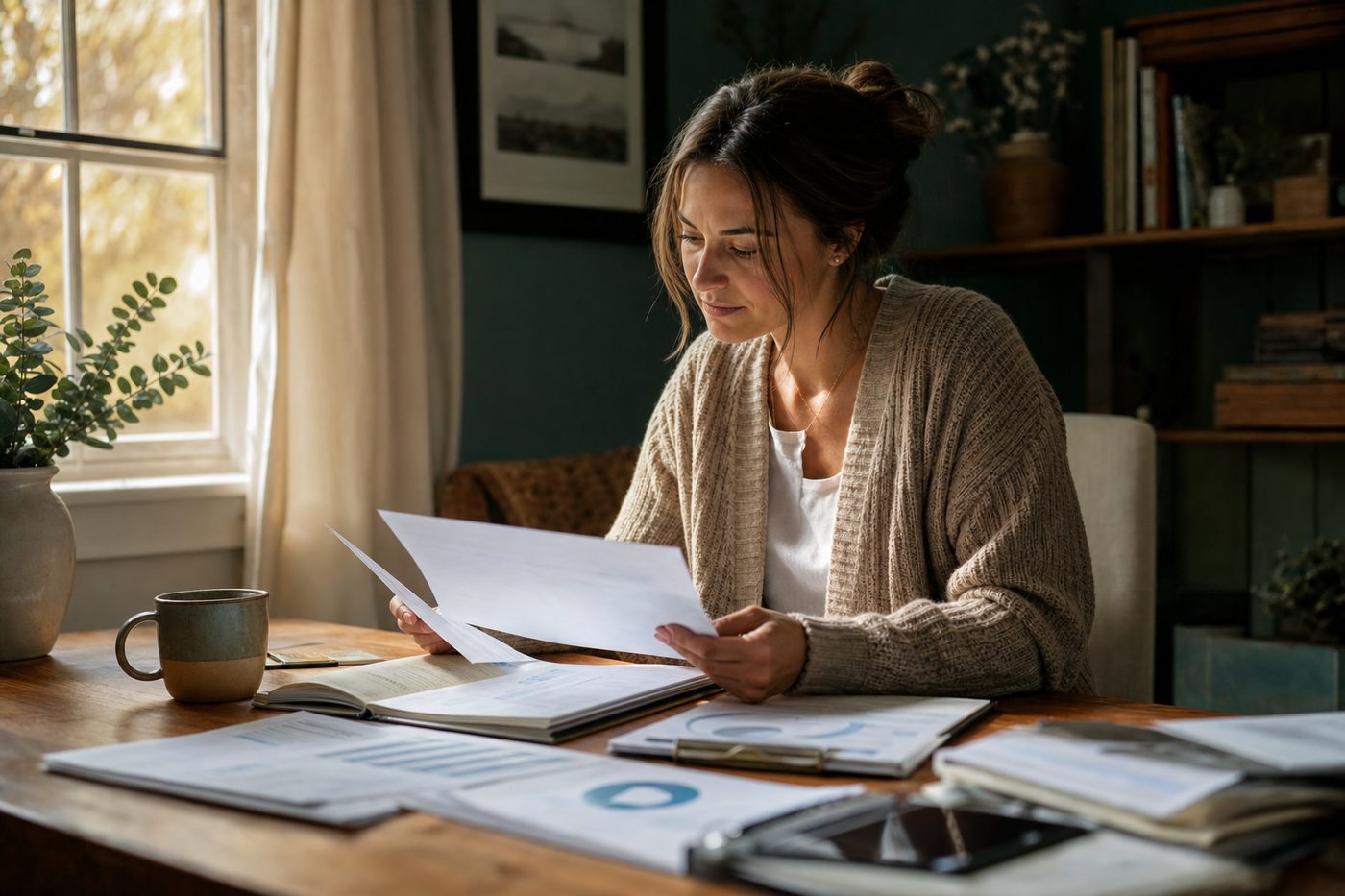 A practitioner reading through printed records at a desk beside a window