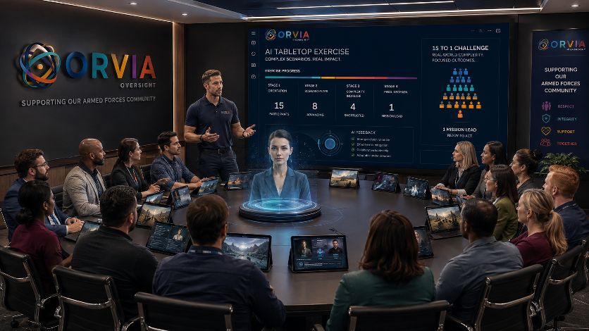 An ORVIA AI Tabletop Exercise in progress: 15 practitioners around a circular table with individual tablets showing scenario visuals, a large wall dashboard displaying the four exercise stages and the 15-to-1 Challenge pyramid (15 participants, 8 advancing, 4 shortlisted, 1 mission lead), a holographic AI facilitator rising from the table centre, and ORVIA Oversight branding wrapping the room with the Armed Forces Community values (Respect, Integrity, Support, Together).