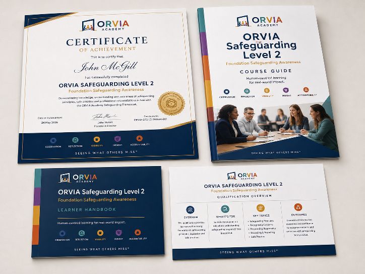 ORVIA Safeguarding Level 2 collateral flat-lay: certificate of achievement, course guide, learner handbook and qualification overview card