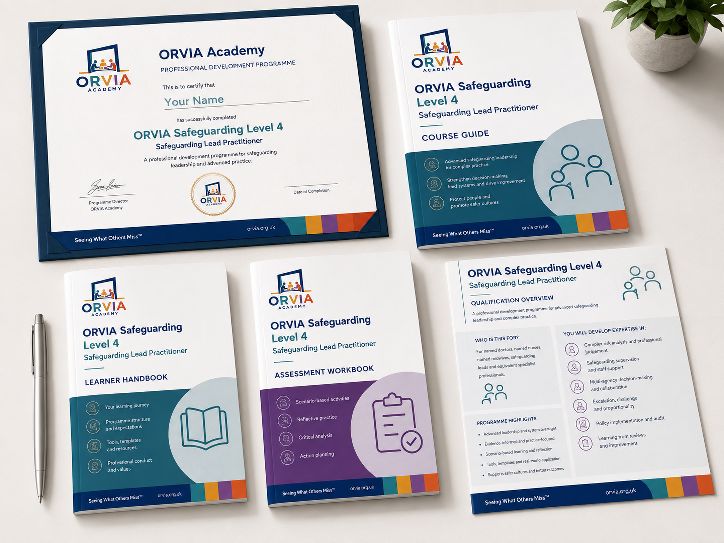 ORVIA Safeguarding Level 4 collateral flat-lay: certificate of achievement, course guide, learner handbook, assessment workbook and qualification overview covering who the programme is for, highlights and outcomes