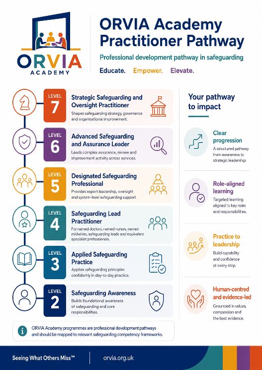 ORVIA Academy Practitioner Pathway poster: seven levels from Safeguarding Awareness at Level 2 to Strategic Safeguarding and Oversight Practitioner at Level 7, with role-aligned learning descriptions