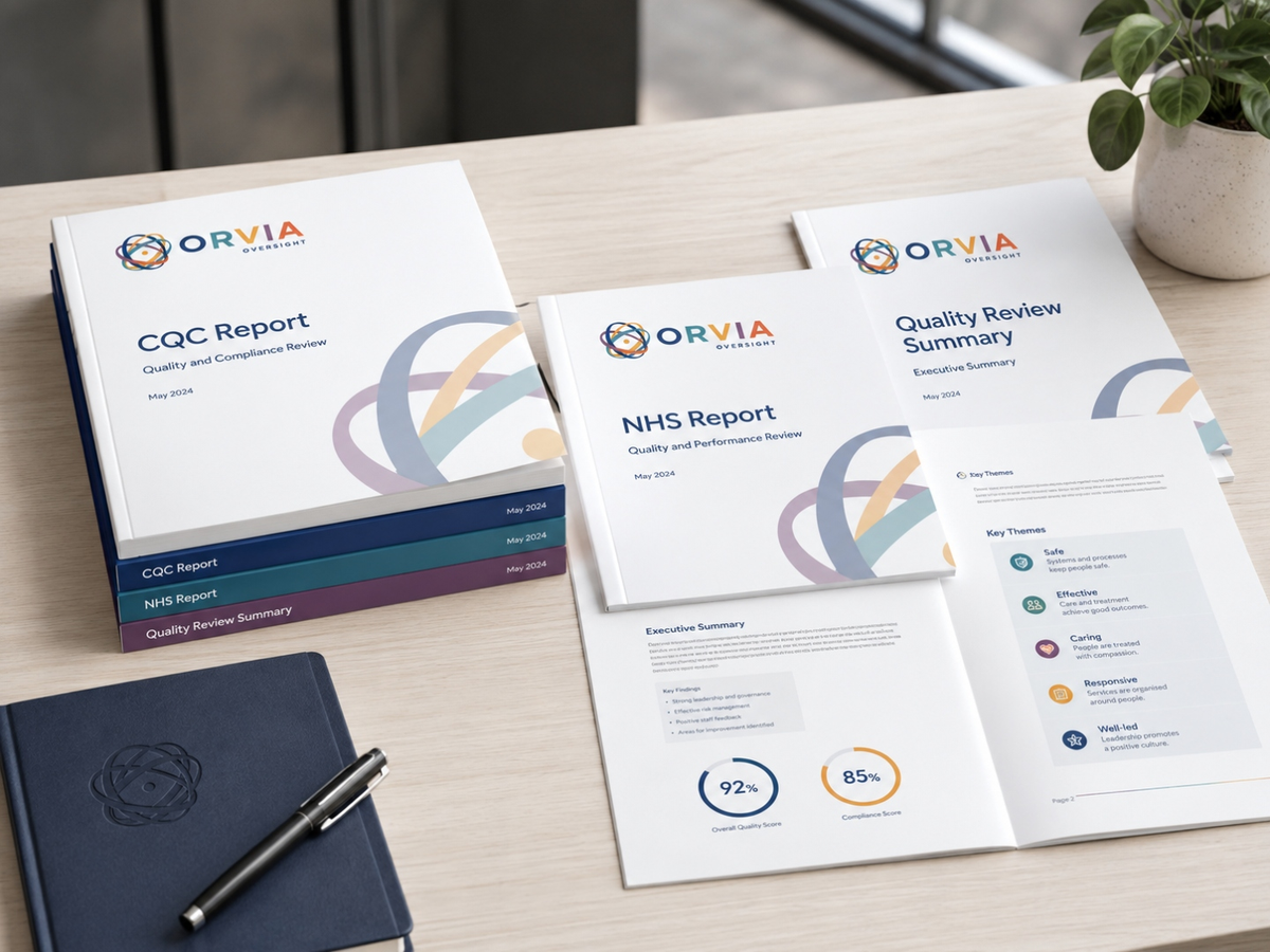 A stack of three ORVIA Oversight reports &mdash; CQC Report, NHS Report and Quality Review Summary &mdash; alongside an executive summary page with key themes and headline compliance scores.