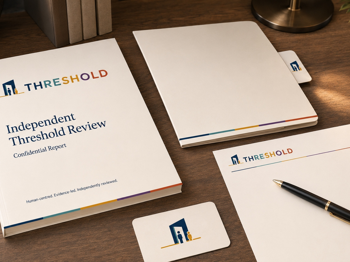 An Independent Threshold Review pack on a walnut desk: a printed report titled Independent Threshold Review Confidential Report, a matching folder, a business card and letterhead, each carrying the ORVIA Threshold wordmark.