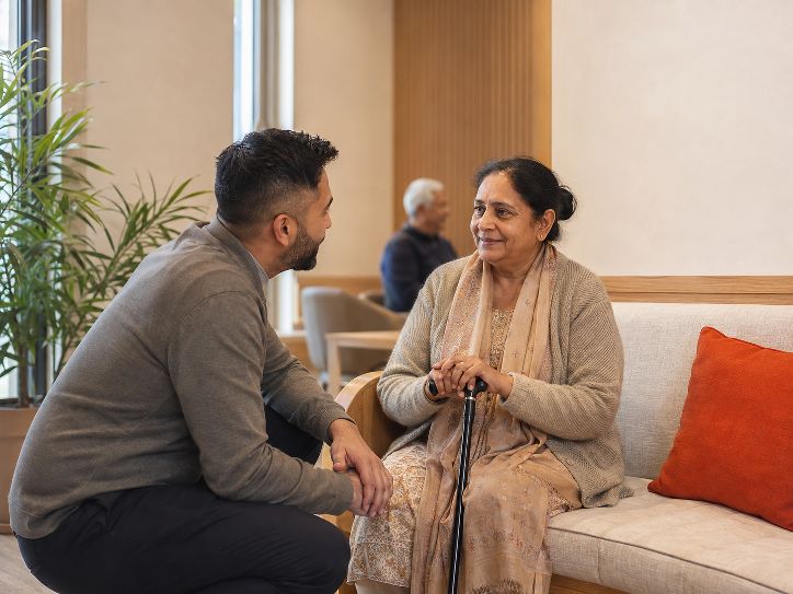 A younger man kneeling to speak at eye level with an older woman using a walking cane in a bright community lounge