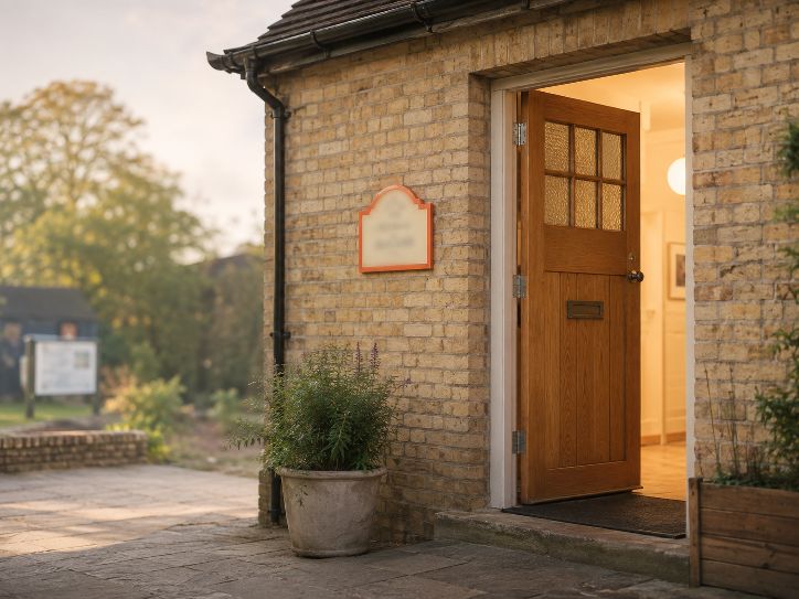 An open oak door into a lit community building at dusk, with a small orange-trimmed welcome sign beside it