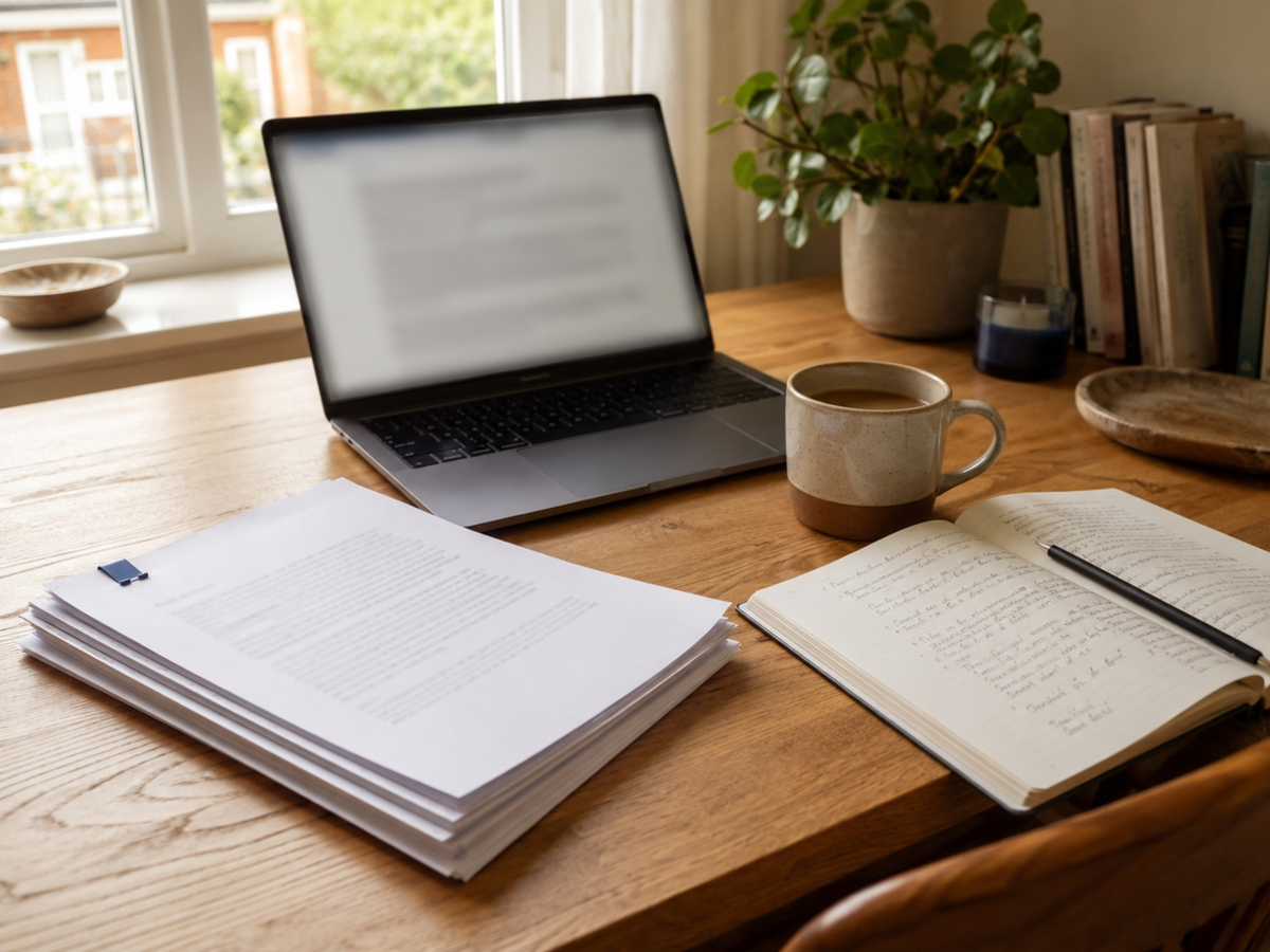 A home-office desk with a laptop, an open notebook, a mug and three briefing pages held together with a small navy paperclip.