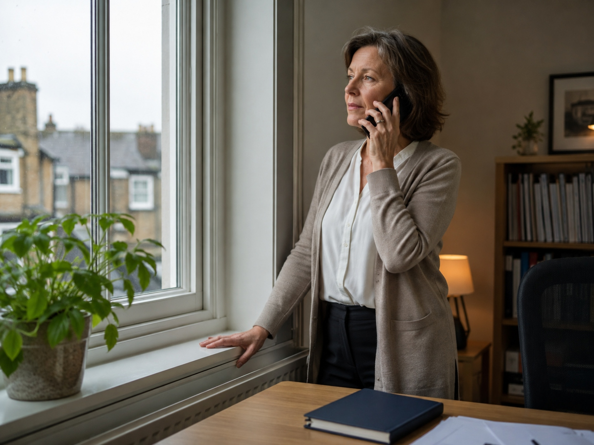 An ORVIA practitioner stands at an office window on a considered phone call, a navy notebook on the desk in front of her.