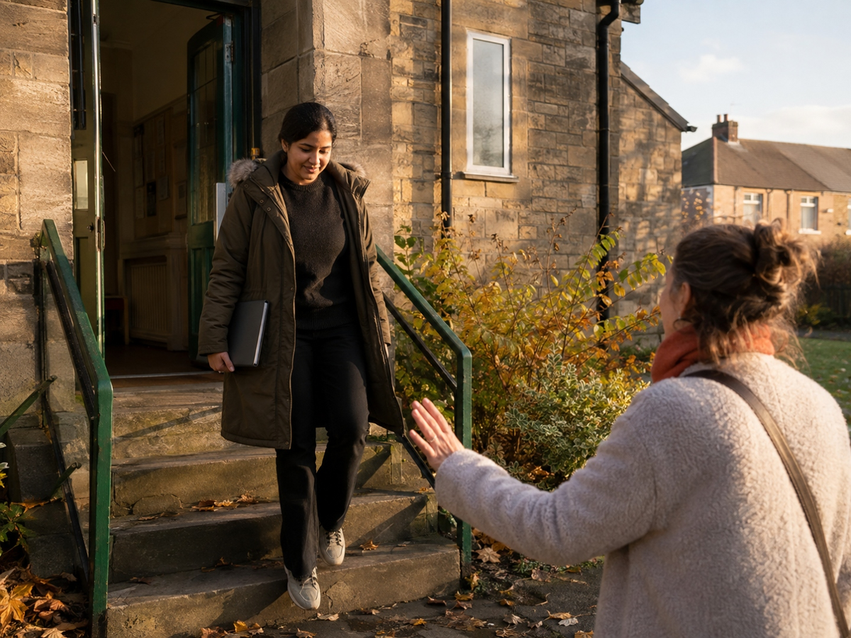 A young woman leaves a stone community-building doorway, folder in hand, greeted by an ORVIA practitioner at the foot of the steps. Green railings, autumn light.