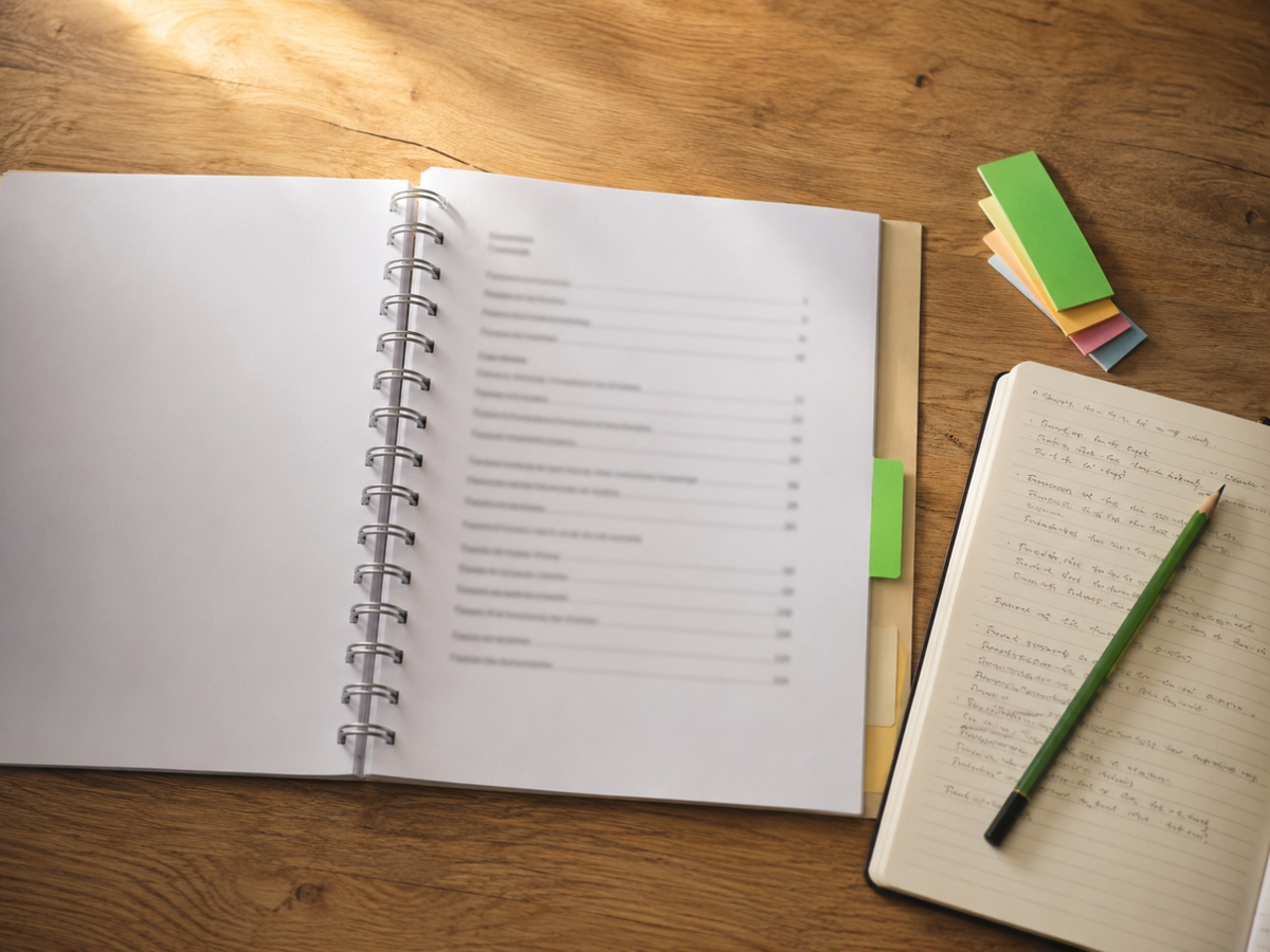 An open ring-bound preparation booklet on an oak desk beside a smaller handwritten notebook. A green tab marks the current section and a green pencil rests on the notebook.